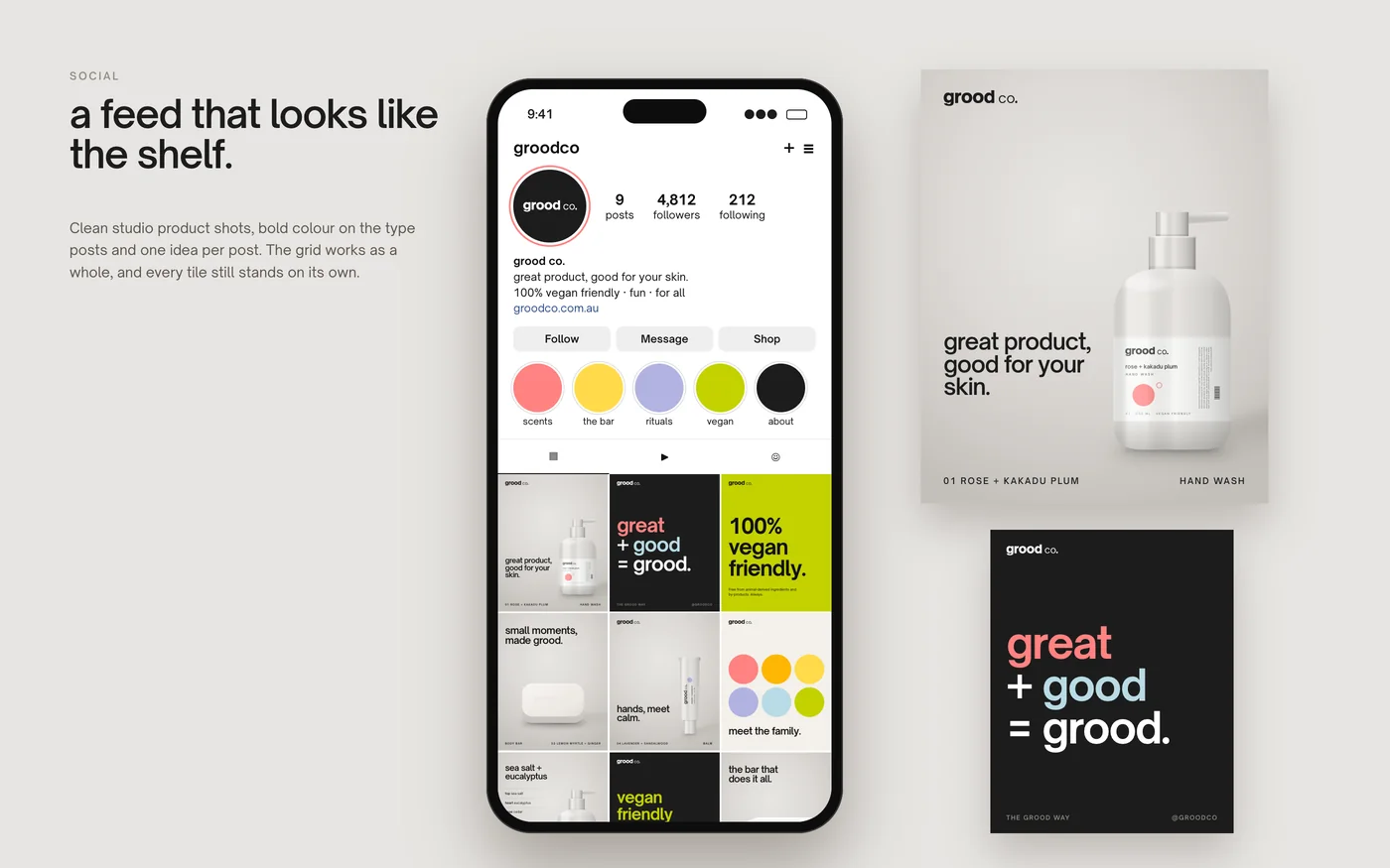 Grood Co. Instagram profile on a phone next to two social posts