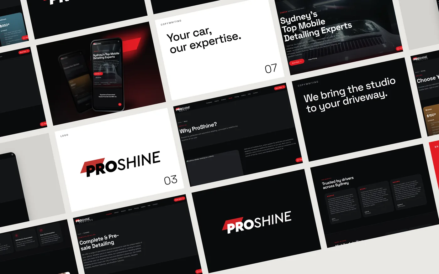 Grid of Proshine Autos website pages, logo tiles and copy lines