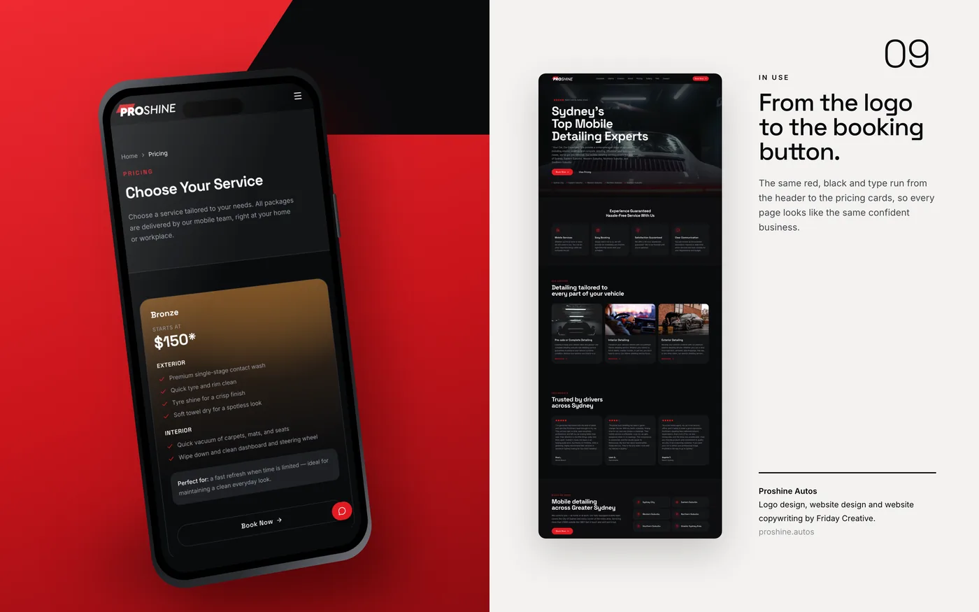 Proshine Autos pricing page on a phone next to the full home page