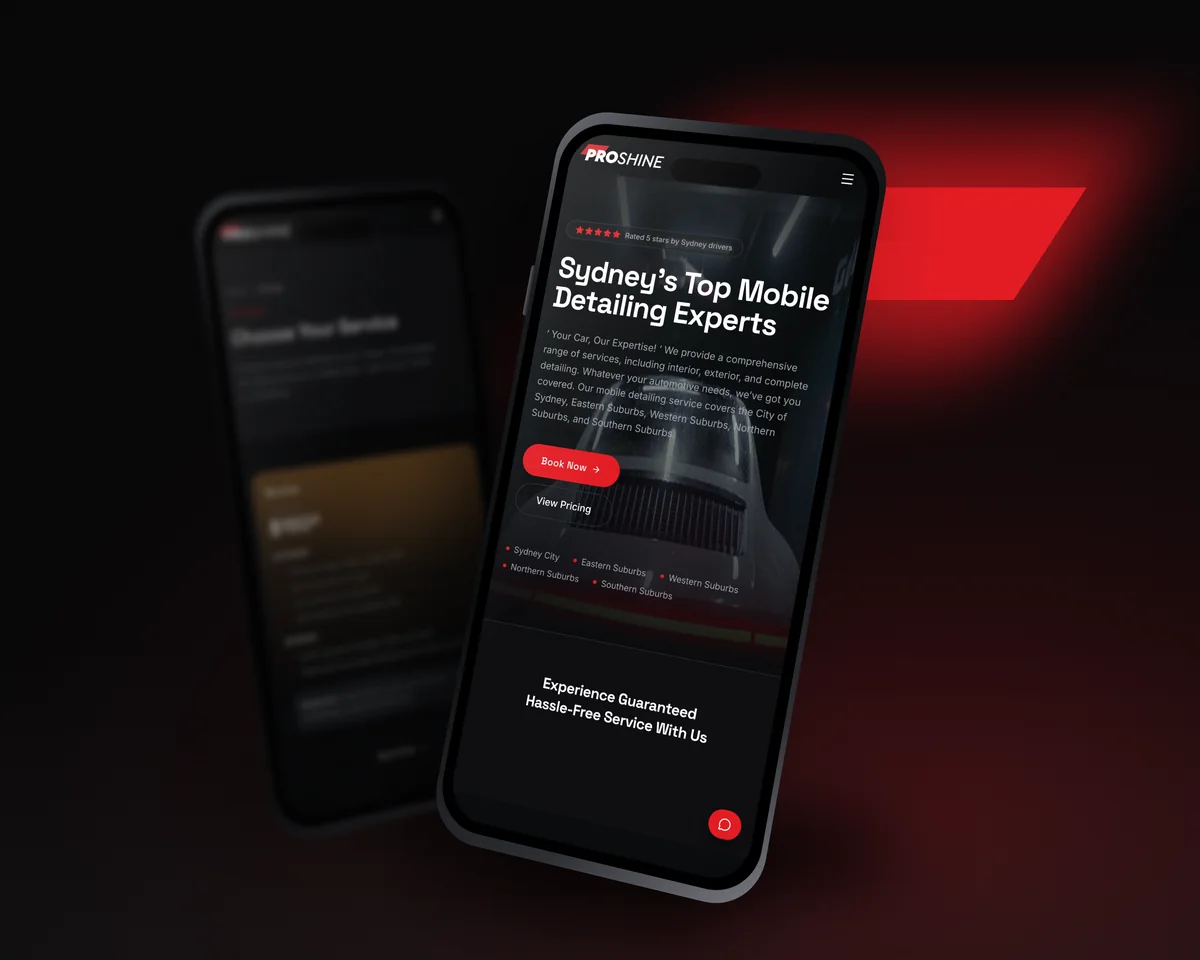 Proshine Autos website on a phone, lit with a red light streak